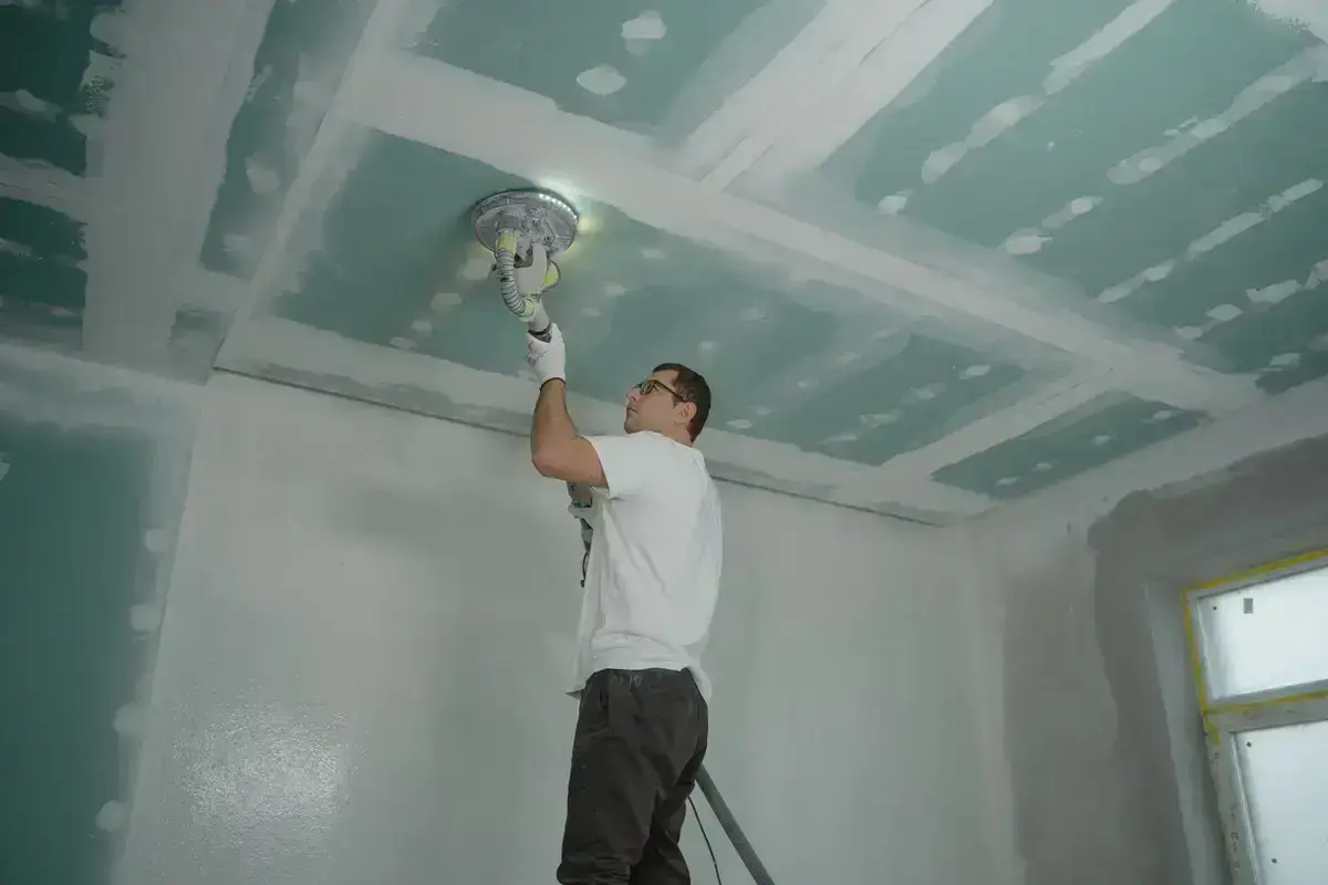 Ceiling surface being repaired and finished after a leak stain